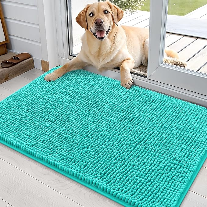 OLANLY Dog Door Mat for Muddy Paws 36x24, Absorbs Moisture and Dirt, Absorbent Non-Slip Washable Doormat, Quick Dry Chenille Mud Mat for Dogs, Entry Indoor Entryway Carpet for Inside Floor, Teal by OLANLY