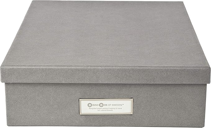 Bigso Oskar Fiberboard Label Frame Document Letter Box - File Organizer Box for Important Paperwork - Document Storage with a Lid & Metal Label Window - 3.3 in x 10.2 in x 13.8 in - Grey - Image 2