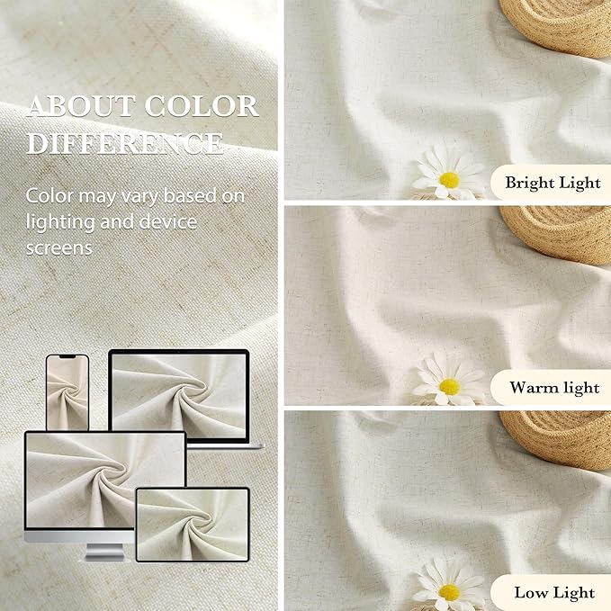 RYB HOME 100% Blackout Curtains Natural Linen Blended, Thermal Insulated Room Darkening Window Treatment with White Liner Classy Home Decor for Living Room Nursery, Natural, W52 x L95 inch, 2 Panels - Image 6