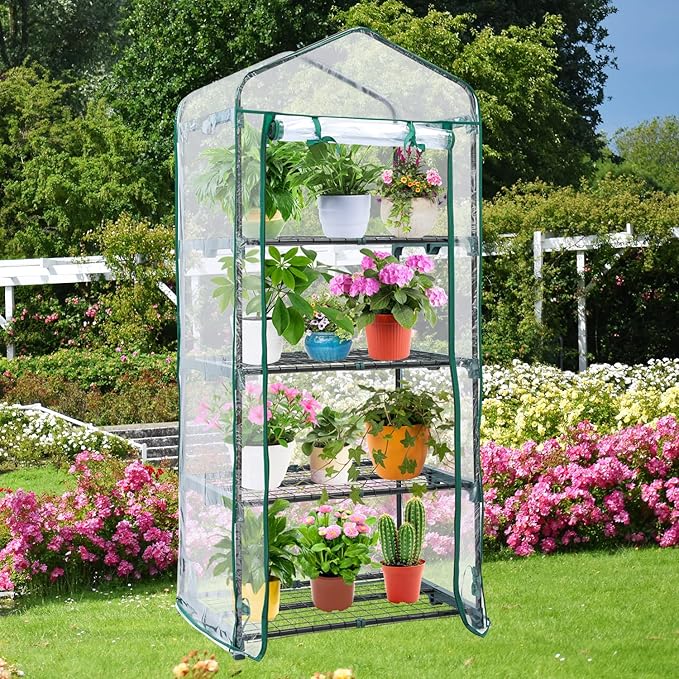 Mini Greenhouse for Outdoors Indoor: Ohuhu Small Green House with 4 Tier Shelves, Portable Plastic Greenhouses with Heavy Duty Transparent PVC Cover for Winter Garden Patio Backyard Porch Balcony - Image 7