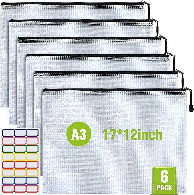 Mesh Zipper Pouch, 6PCS Waterproof Plastic Mesh Zipper Bag, A3 Size Tear-Resistant Document Pouch, Extra Large Zip File Bags, for School Office Supplies Home Travel Storage(17×12 Inch) by AstenInc