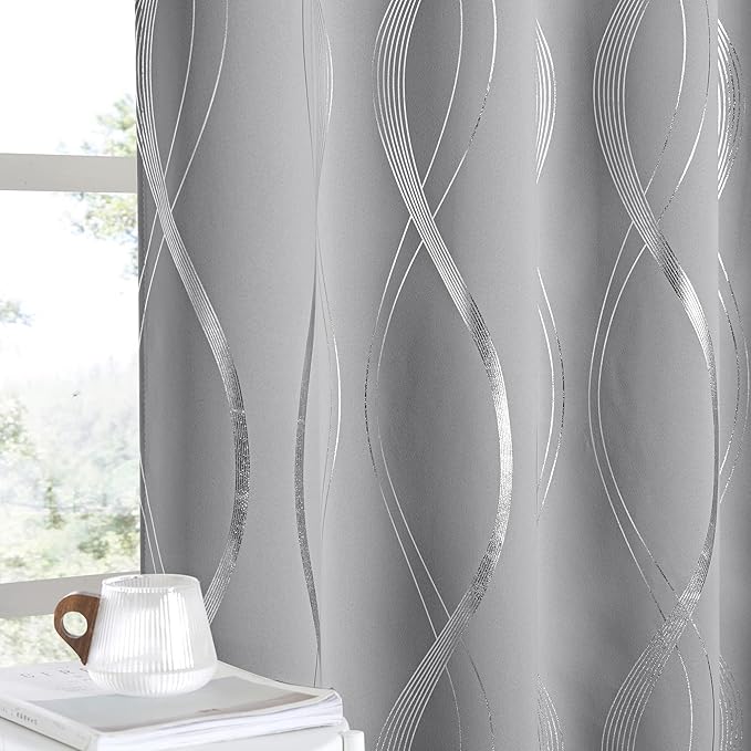 NICETOWN Blackout Curtains 63 inch Length 2 Panels, Silver Grey Window Treatment Thermal Insulated Soundproof Grommet Wave Line Foil Print Design Draperies for Living Room (52 inches Wide) by NICETOWN