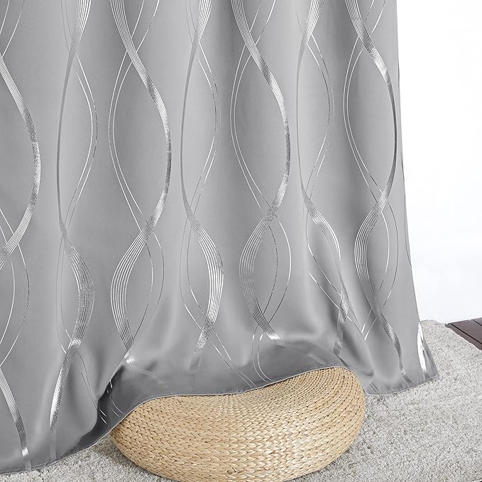 NICETOWN Kitchen Blackout Curtain Panels, Silver Grey, Set of 2, 42 by 48 Inch, Window Treatment Thermal Insulated Solid Grommet Blackout Wave Line Foil Print Design Curtains for Kitchen, Cafe, Loft - Image 5