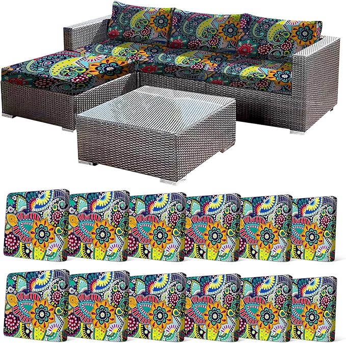 12Pcs Stretch Patio Cushion Cover, Boho Floral Couch & Sofa Slipcovers for Patio Furniture Cushions Washable Reusable Couch Covers Replacement for All Season, Breathable (Paisley, Cover Only) by CALBODE