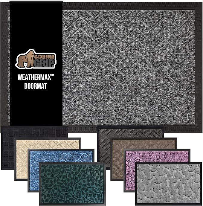 GORILLA GRIP 100% Waterproof All-Season WeatherMax Doormat, 34x58, US Designed Natural Rubber, Stain and Fade Resistant, Low Profile Indoor Outdoor Door Mats, Easy Clean Patio Mat, Steel Chevron by GorillaGrip