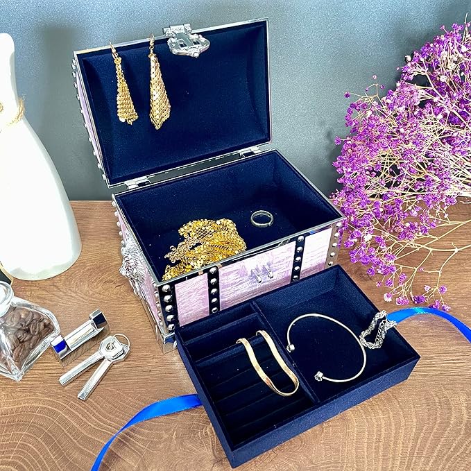 Large Double-layer Retro Metal Jewelry Chest, Pirate-style Lion Head Relief Treasure Box With Lock Women's Jewelry Storage (Oil Painting Pink Chrome) - Image 4