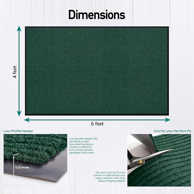 Durable Rubber Door Mat - Heavy Duty, Indoor/Outdoor, Easy Clean, Waterproof, Low-Profile Mat for Entry, Patio, Garage - Stylish (Green, 6' x 4' (Mud Trapper)) - Image 2
