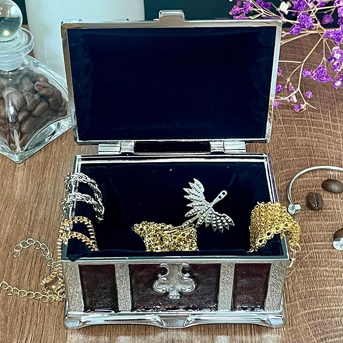 Retro Jewelry Box Arched Vintage Rectangular Metal Chest Necklace Ring Earrings Storage Case for Women Girls (Chrome Transparent Red, M) - Image 2