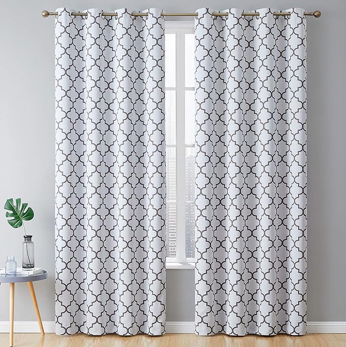 HLC.ME Lattice White and Grey Curtains - Blackout Thermal Window Treatments Set, Noise Reduction Heat Blocking Winter Draperies for Bedroom - 2 Panels - 52 W x 72 L - Platinum White & Grey by HomeLinenCollections