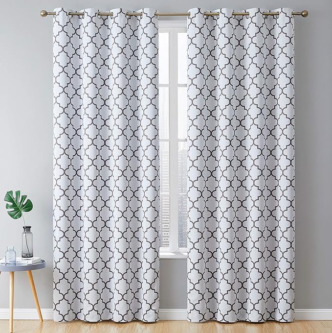HLC.ME Lattice Print Design Bedroom Blackout Curtains - Thermal Heat Absorbing & Sunblock - Light Blocking Window Drapery Curtain Grommet Panels, Platinum White & Grey, Set of 2, 52 W x 84 L by HomeLinenCollections