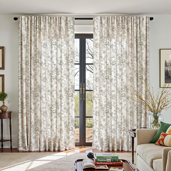 jinchan Linen Floral Curtains 100 Inch Extra Wide for Patio Sliding Glass Door Room Divider Curtain for Living Room 96 Inch Length Farmhouse Peony Green Printed Curtain Set 1 Panel - Image 5