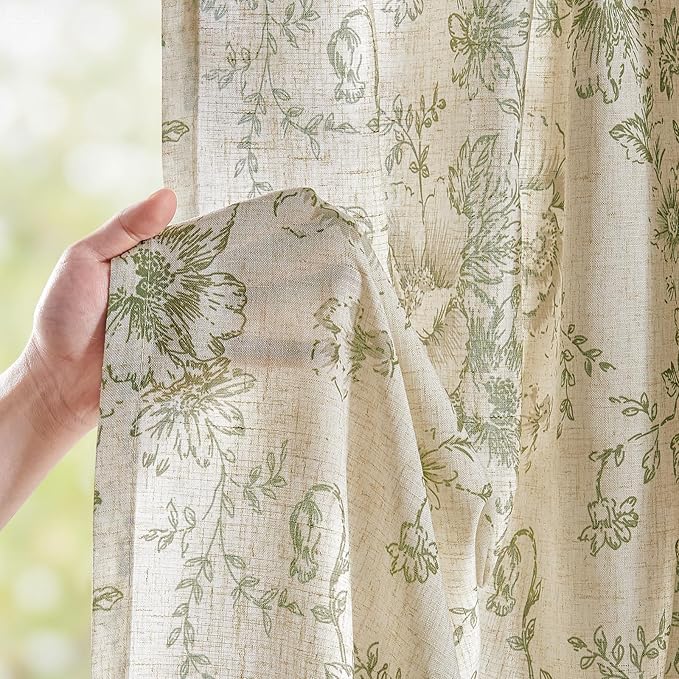 jinchan Linen Blend Floral Curtains for Living Room 54 Inch Length Farmhouse Printed Curtain Rod Pocket Back Tab Sage Green Peony Flower Patterned Drapes Bedroom Curtains Set 2 Panels - Image 3