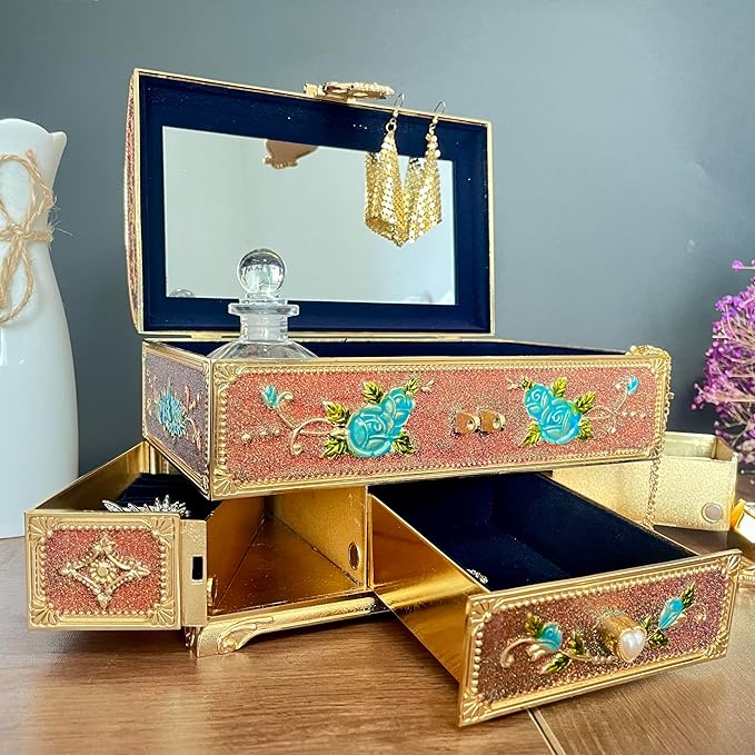 Retro Jewelry Box Arched Vintage Rectangular Metal Chest Necklace Ring Earrings Storage Case for Women Girls (Golden Starlight Red, XL Lock) - Image 3