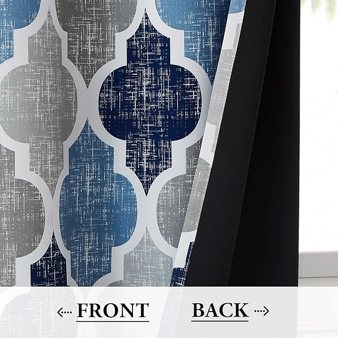 Beauoop 100% Blackout Curtains 96 Inches Long 2 Panels for Bedroom Living Room Blue Grey Moroccan Geo Room Darkening Thermal Insulated Soundproof Rod Pocket Back Tab Window Treatments Drapes, 50x96 - Image 3
