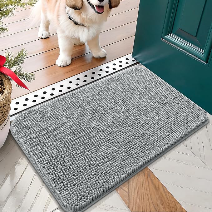 OLANLY Dog Door Mat for Muddy Paws 30x17, Absorbs Moisture and Dirt, Absorbent Non-Slip Washable Doormat, Quick Dry Chenille Mud Mat for Dogs, Entry Indoor Entryway Carpet for Inside Floor, Grey by OLANLY