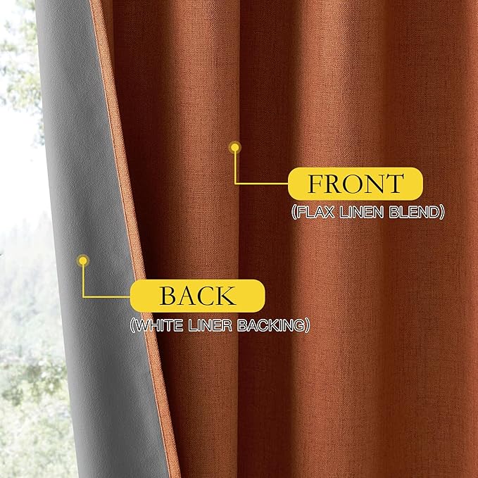 NICETOWN 100% Absolutely Blackout Linen Curtains with Thermal Insulated Liner, Terracotta, 52" Wide, 2 Panels, 84 inches Long Drapes, Grommet Retro Linen Curtains Vertical Drapes Privacy for Bedroom - Image 5