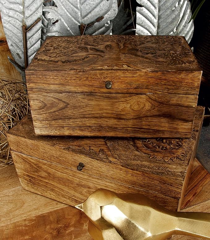 Deco 79 Mango Wood Floral Handmade Decorative Box Decorative Keepsake Boxes with Hinged Lid, Set of 3 Storage Boxes 8", 10", 12"W, Brown - Image 5