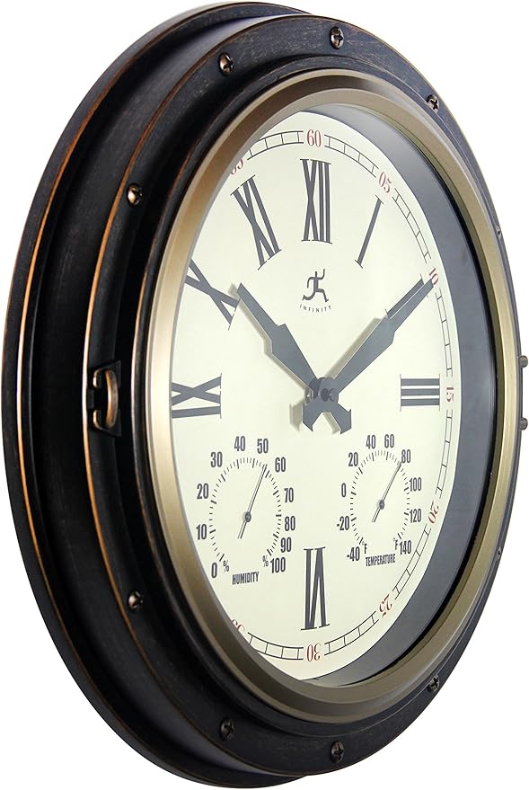Infinity Instruments Forecaster Indoor/Outdoor Wall Clock, Thermometer, Hygrometer combo, Stylish Durable Waterproof Weather Station for your Home, 16 Inch, Bronze - Image 5