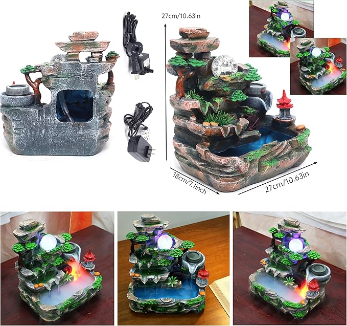 Creative Tabletop Water Fountain with LED Light & Atomizer, Indoor Waterfall Home Decor Best Festival Birthday Gift for/Boys, 10Inch Desktop Small Mini Size, Stream Rock Cavern Falls Bonsai - Image 5