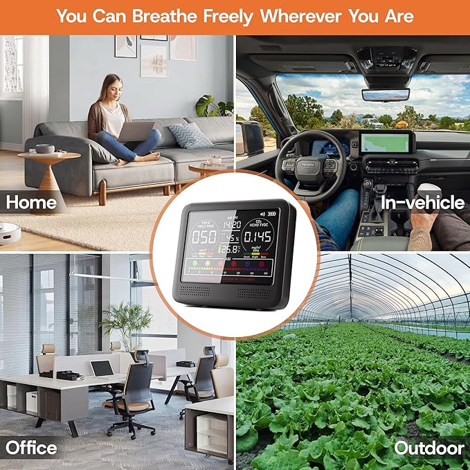 16-in-1 Indoor Air Quality Monitor with PM1.0,PM2.5,PM10,CO2,HCHO,TVOC,Temperature,Humidity,Time Display &7 AQI Alarms – Professional Air Quality Tester for Home, Office & Indoor Use (Shinning Black) - Image 6