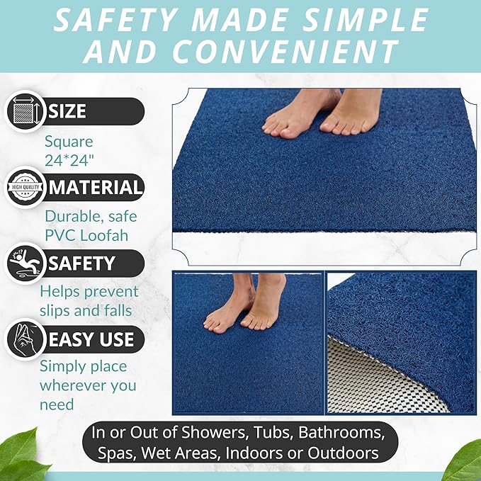 Enkosi Loofah Shower Mat Non-Slip - Anti-Slip Bath Mat for Inside Showers, Tub, Bathtub, Bathroom - Quick Dry PVC with Drain Holes - Cushioned Safety Grip - Secure for Kids and Elderly (Navy 24x24) - Image 3