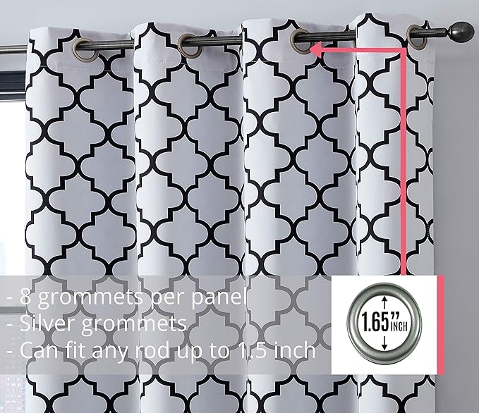 HLC.ME Lattice Print White and Black Curtains - Privacy Shaded & Darkening Grommet Window Curtains Draperies for Master Bedroom, Platinum White & Black, 52 W x 84 L, 2 Panels - Image 2