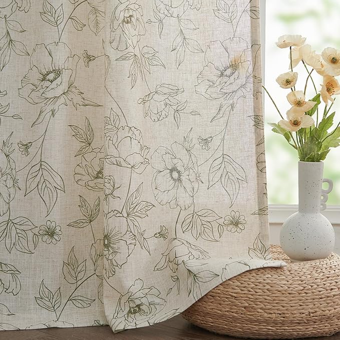jinchan Floral Linen Curtains for Living Room 84 Inch Length Green Flower Curtain Rod Pocket Back Tab Farmhouse Curtains with Printed Floral Bedroom Window Curtain Set, 2 Panels Green - Image 7