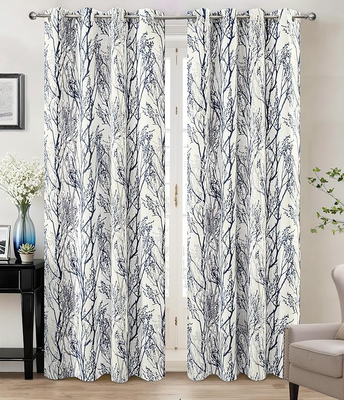 DriftAway Linen Printed Blackout Curtains Tree Branch Pattern Double Layer 102 Inches Long for Bedroom Classic Thermal Insulated Summer Sound Lined Grommet Drapes for Living Room 2 Panels Blue/Linen by DriftAway