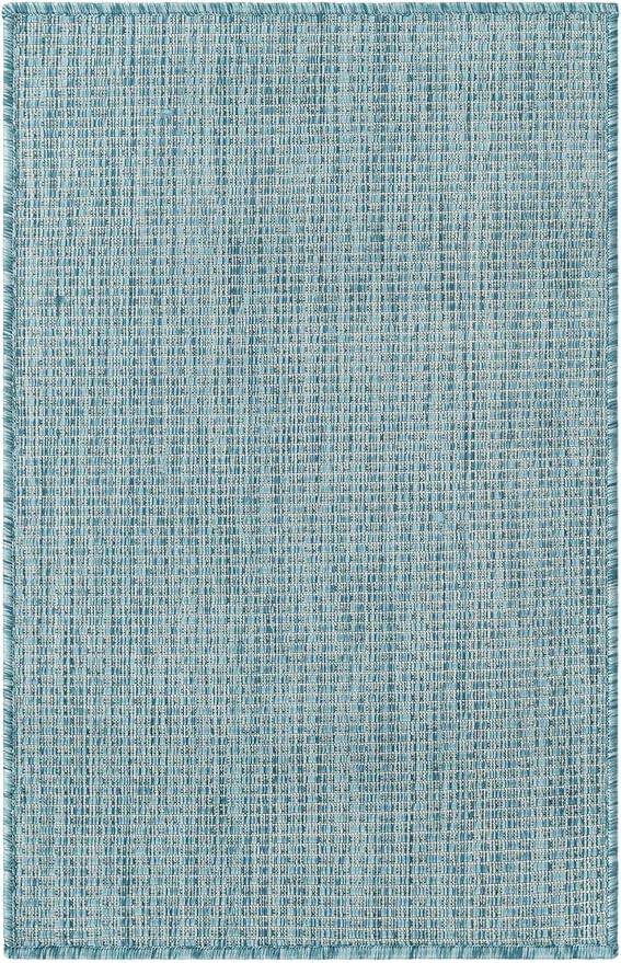 Unique Loom Collection Casual Transitional Solid Heathered Indoor/Outdoor Flatweave Area Rug (2' x 3' 1" Rectangle, Aquamarine/Ivory) - Image 3
