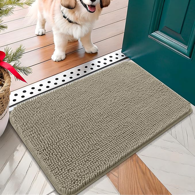 OLANLY Dog Door Mat for Muddy Paws 30x17, Absorbs Moisture and Dirt, Absorbent Non-Slip Washable Doormat, Quick Dry Chenille Mud Mat, Entry Indoor Entryway Carpet for Inside Floor, Warm Taupe by OLANLY