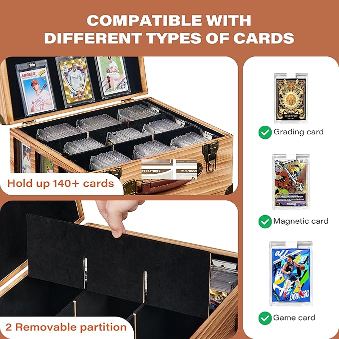 Graded Card Storage Box with Display Window, Wood Card Case for 140+ Cards PSA BGS FGS & SGC, Sports Cards Trading Cards, Graded Card Slab Carrying Case, Christmas Gifts (Carbonized Brown) - Image 3