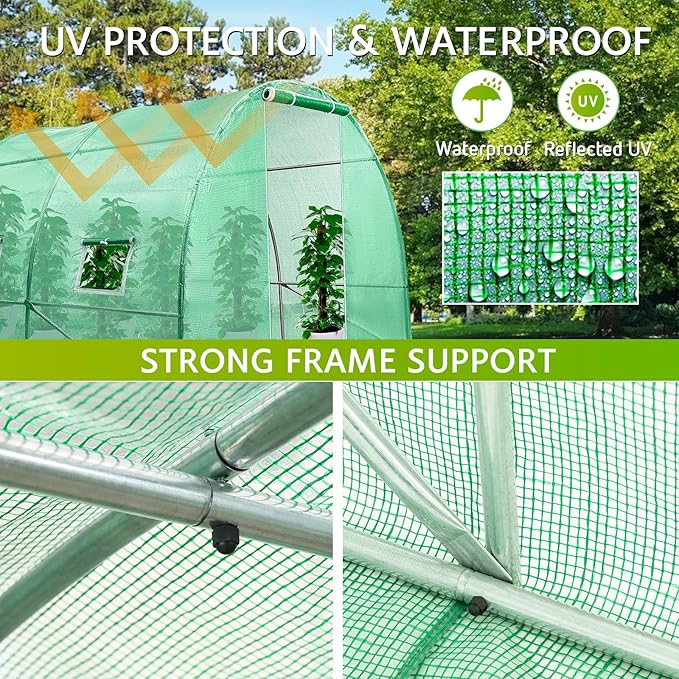 VIVOSUN 20x10x7 Ft. Large Walk in Greenhouse, Greenhouse Tunnel, Garden Plant Hot House with Green PE Cover, Roll-up Zipper Door and Window for Outdoor - Image 4