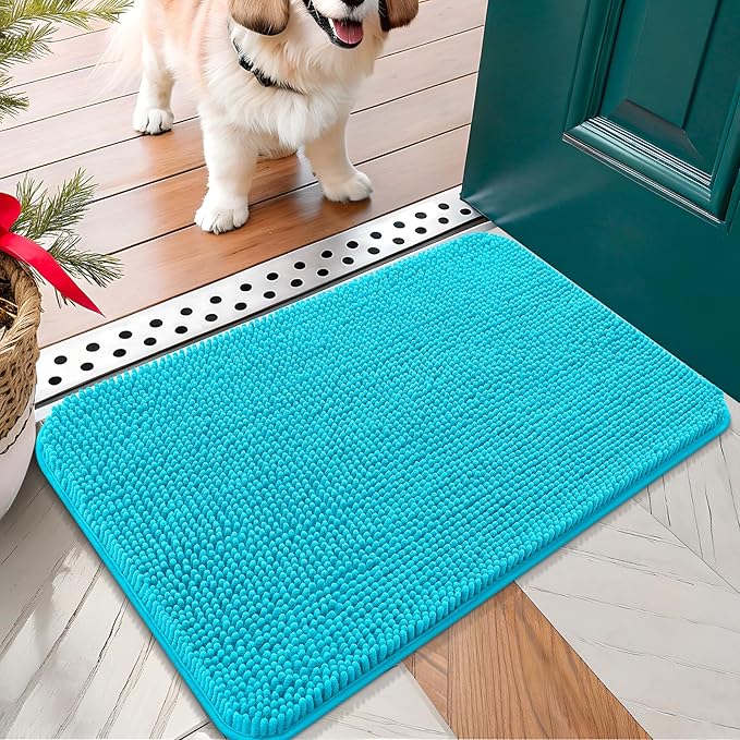 OLANLY Dog Door Mat for Muddy Paws 24x16, Absorbs Moisture and Dirt, Absorbent Non-Slip Washable Doormat, Quick Dry Chenille Mud Mat for Dogs, Entry Indoor Entryway Carpet for Inside Floor, Aqua Blue by OLANLY