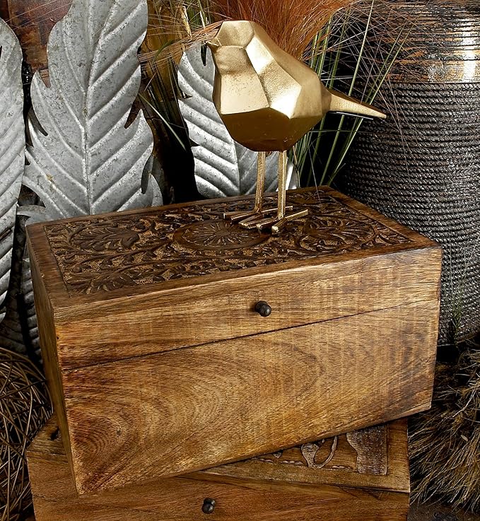 Deco 79 Mango Wood Floral Handmade Decorative Box Decorative Keepsake Boxes with Hinged Lid, Set of 3 Storage Boxes 8", 10", 12"W, Brown - Image 5