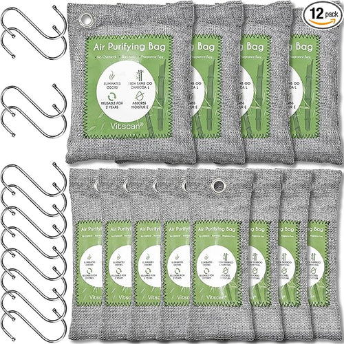 12 Pack Bamboo Charcoal Air Purifying Bag, Activated Charcoal Bags Odor Absorber, Moisture Absorber, Natural Car Air Freshener, Shoe Deodorizer, Odor Eliminators For Home, Pet, Closet (8x50g, 4x200g) by VITSCAN
