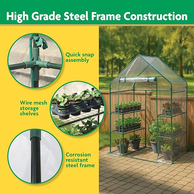 Miracle-GRO 4'8" x 29" x 6'5" Outdoor Mini Walk-in Greenhouse Plant Tent, All-Season Small Walk-in Plant Growth Accelerator with 4 Wire Shelves, Clear - Image 4