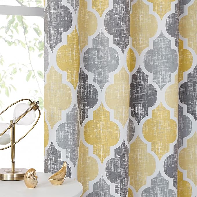 Beauoop 100% Blackout Curtains 84 Inches Long 2 Panels for Bedroom Living Room Yellow Grey Moroccan Geo Room Darkening Thermal Insulated Soundproof Rod Pocket Back Tab Window Treatments Drapes, 50x84 - Image 6