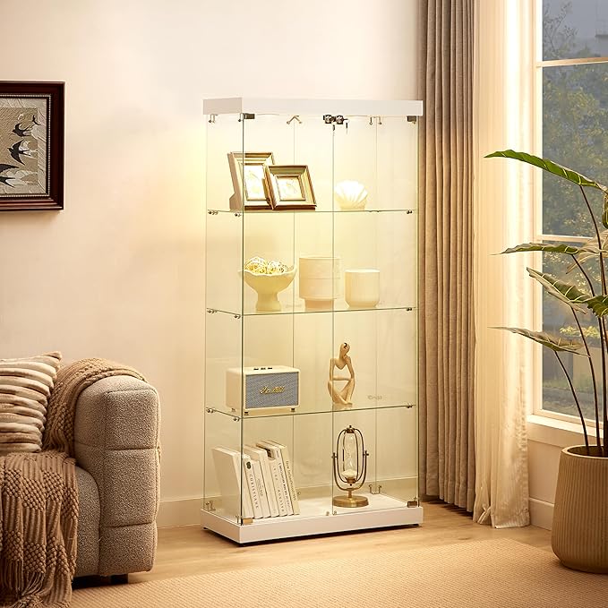Yoluckea 4 Shelves Glass Display Cabinet with Light and 2 Doors, Curio Collection Glass Display Case, Floor Standing Bookshelf Corner Cabinet for Book Toys Glory (White) by Yoluckea