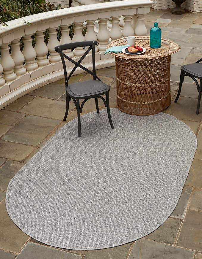 Unique Loom Collection Casual Transitional Solid Heathered Indoor/Outdoor Flatweave Area Rug (5' 1" x 8' Oval, Light Gray/Ivory) by UniqueLoom