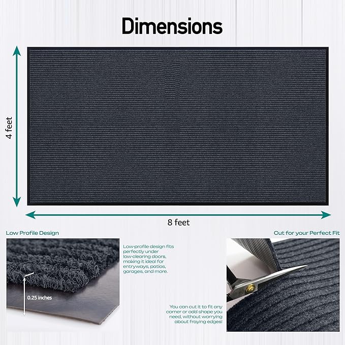 Durable Rubber Door Mat - Heavy Duty, Indoor/Outdoor, Easy Clean, Waterproof, Low-Profile Mat for Entry, Patio, Garage - Stylish (Charcoal, 8' x 4' (Mud Trapper)) - Image 2