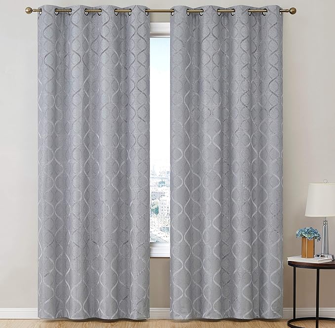 HLC.ME Grey Blackout Curtains for Bedroom - Versailles Lattice 100% Complete Blackout Thermal Insulated Grommet Panels - Energy Savings for Living Room, Set of 2 (50 x 84 inches, Light Grey) - Image 2