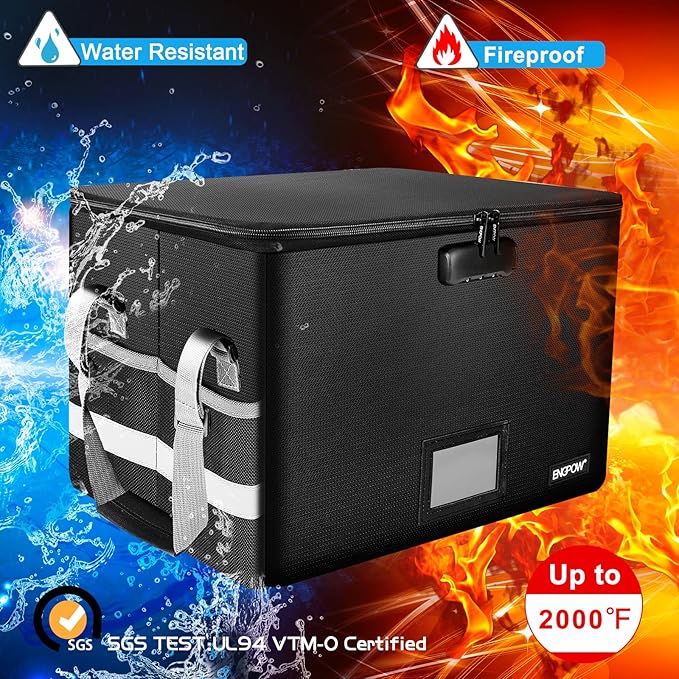 ENGPOW File Box with Lock,Fireproof Document Box with Zipper＆Pockets,Collapsible File Organizer Filing Storage Cabinet with Handle,Portable Home Office Safe for Hanging Letter/Legal Folder,Black - Image 4