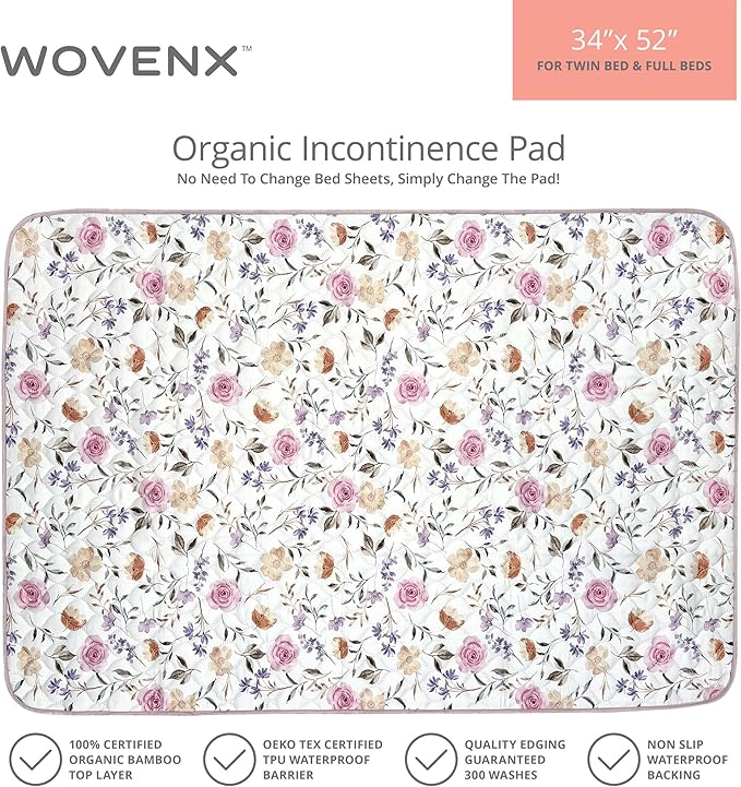 Organic Incontinence Pads for Kids & Toddlers - 5 Layer Waterproof Protectors for Overnight Bed Wetting - Reusable & Washable Pee Pads - Fits Twin to Full Size Beds - 34" x 52" Flower - Image 5