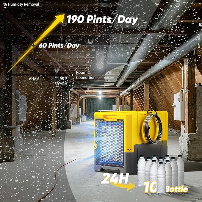 190Pints High Efficiency Commercial Dehumidifier for Basements-6000 Sq.Ft. Industrial Grade Dehumidifiers with Pump & Drain Hose for Crawl Spaces Water Damage Restoration-Yellow-1PC - Image 8