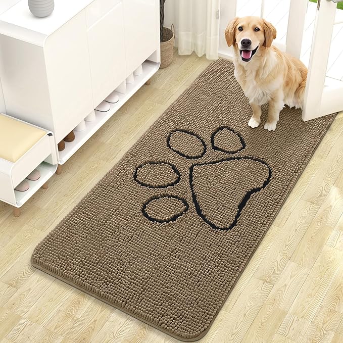 OLANLY Dog Door Mat for Muddy Paws 47x24, Paw Print Design, Absorbs Moisture and Dirt, Absorbent Non-Slip Washable Doormat, Quick Dry Chenille Mud Mat for Dogs, Entry Indoor Entryway Carpet, Tan by OLANLY
