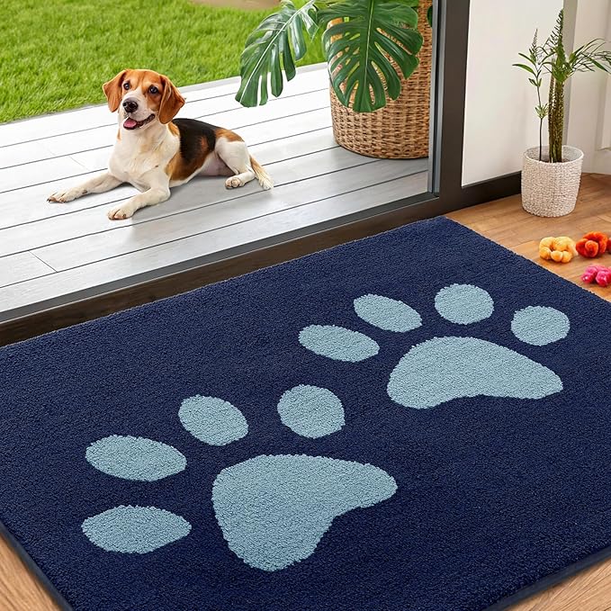 Smiry Dog Door Mat for Muddy Paws, Absorbs Moisture and Dirt, Low-Profile Entryway Mat with Non-Slip Backing, Entry Indoor Outdoor Doormat for Inside Floor (40x32 Inches, Dark Blue, Paw) by Smiry
