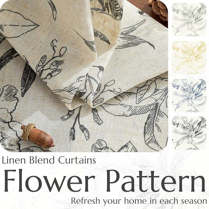 jinchan Floral Curtains 96 Inches Long Black Flower Linen Farmhouse Curtain for Living Room French Country Vintage Curtain Rod Pocket Curtains Set 2 Panels Balck Floral Printed - Image 4