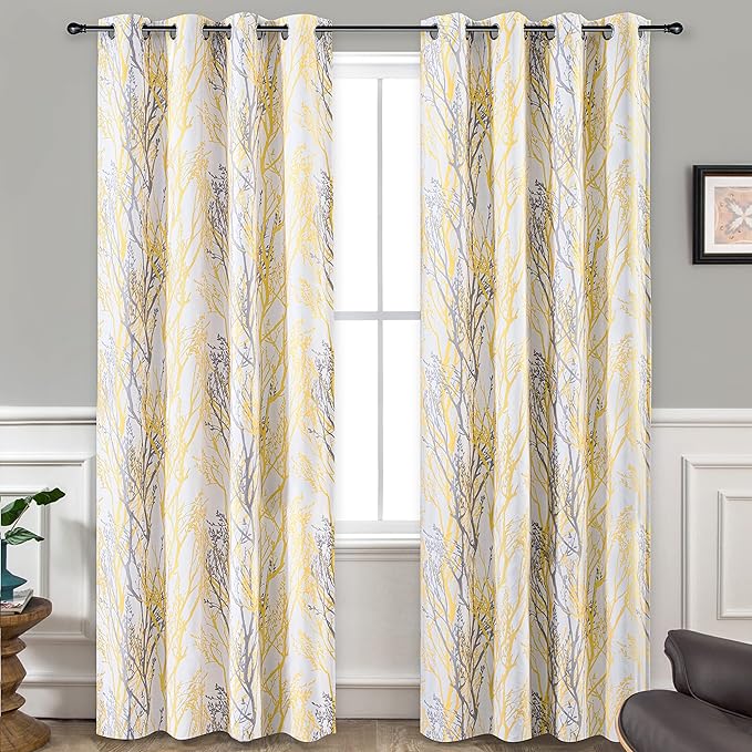 DriftAway Tree Branch Blackout Curtains Double Layer 96 Inches Long for Bedroom Printed Patterned Classic Thermal Insulated Summer Sound Lined Grommet Drapes for Living Room 2 Panels Yellow/White by DriftAway