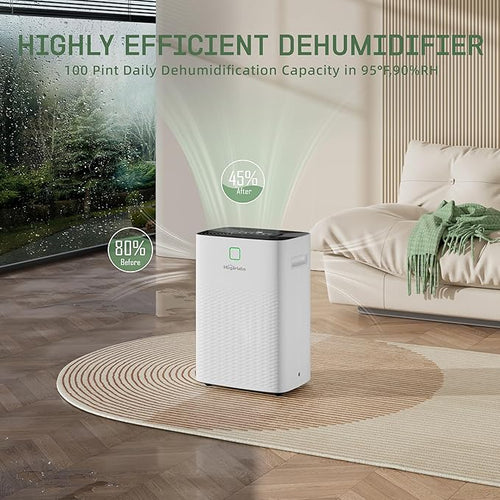 100 Pints Dehumidifier for Basement Home, Smart Silent Dehumidifier with Drain Hose, 1.32 Gal Water Tank, Intelligent Humidity Control, 24H Timer, for Large Room Bathroom Bedroom - Image 2