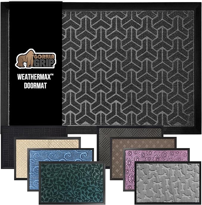 GORILLA GRIP 100% Waterproof All-Season WeatherMax Doormat 35x23, US Designed Natural Rubber, Stain and Fade Resistant, Low Profile Indoor Outdoor Door Mats, Easy Clean Patio Mat, Slate Geometric by GorillaGrip